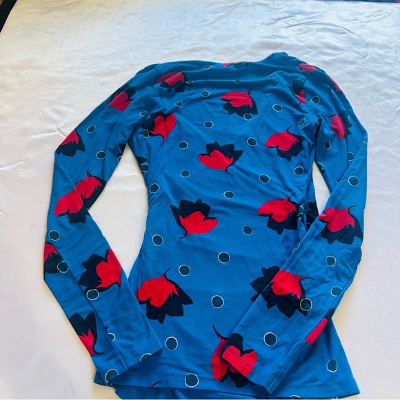 Boden V-Neck Poppy Floral Print 3/4 Sleeve Ruched Faux Wrap Shirt Top Sz 4 Blue - Picture 5 of 7